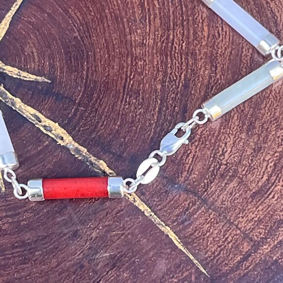 Sterling Silver 925 Semiprecious Stones Link Bracelet Jade, Onyx, Red Jasper - Picture 4 of 9